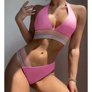 Beautiful Pink Contrast Striped Tape Halter Bikini Swimsuit